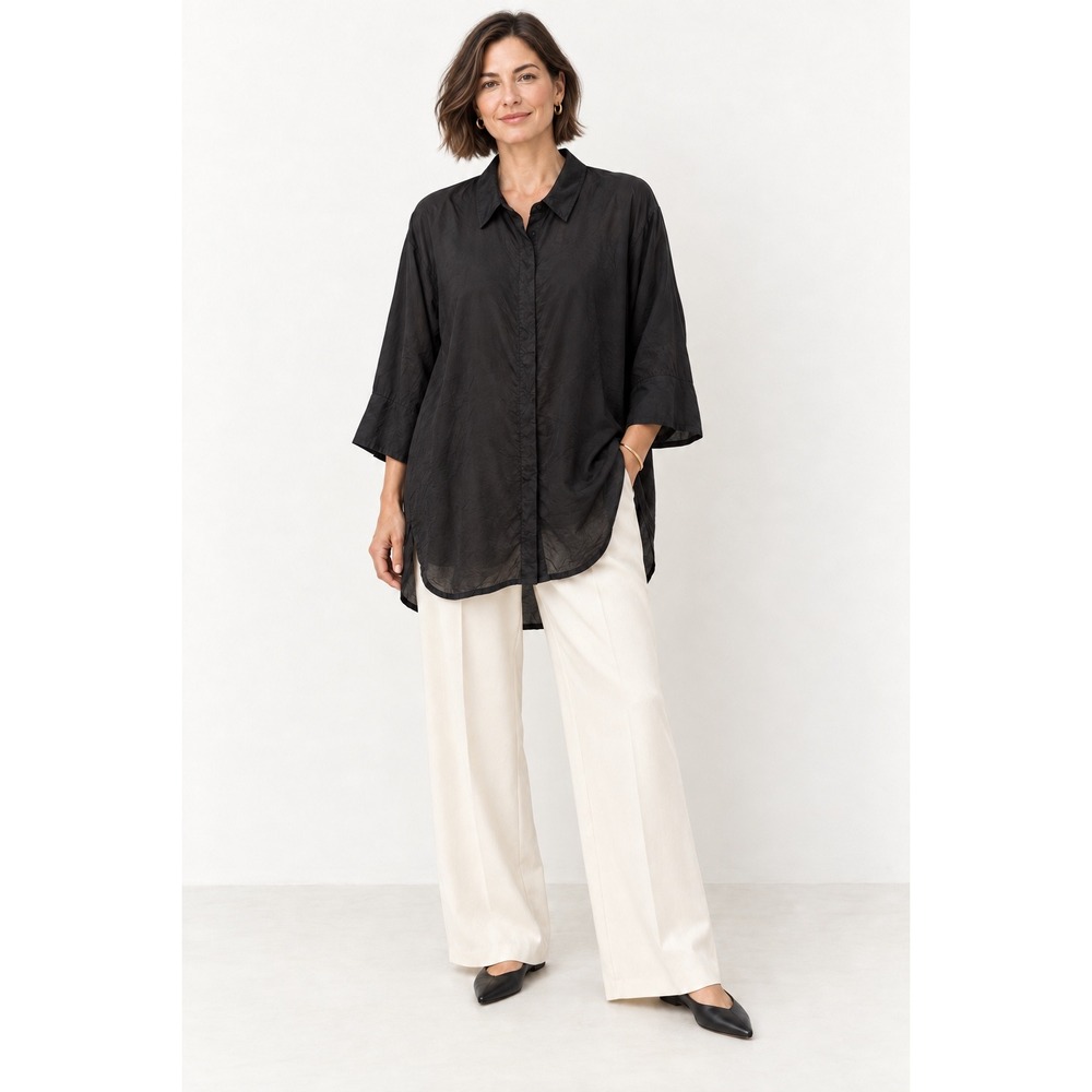 Masai Tunic Top Crinkle Button Up Size M Black Oversized 3/4 Sleeve Top